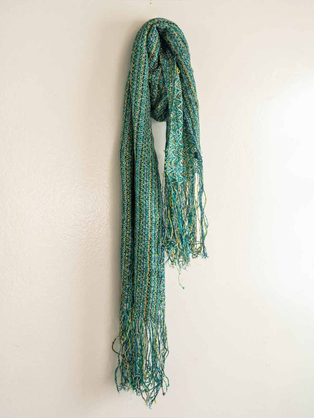 Aqua Italy Open Knit Fringe Scarf – Blue & Green Textured Wrap